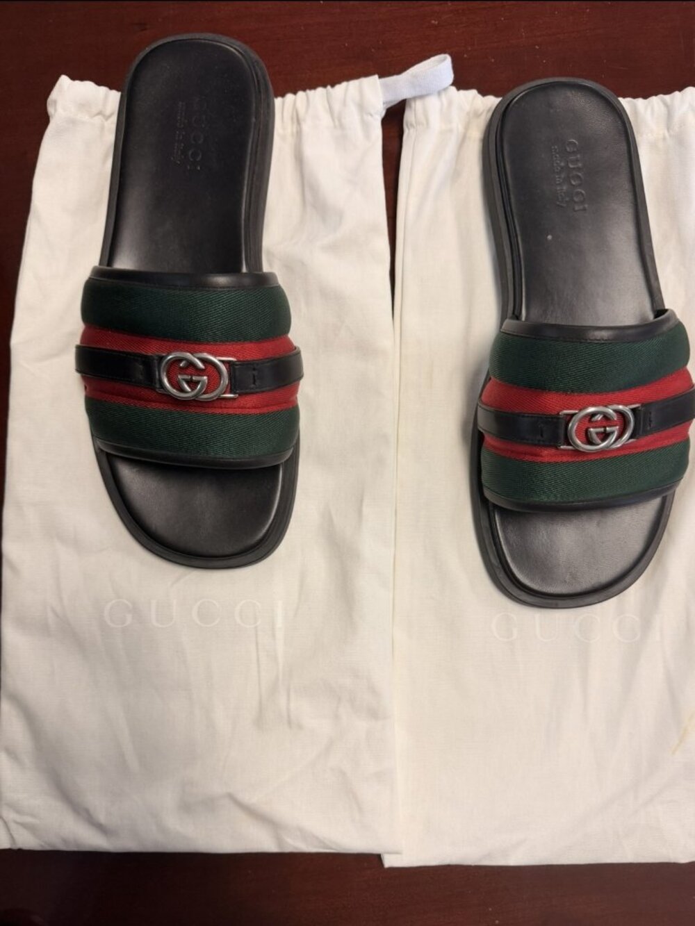 Gucci Men's Web Slide Sandals--Black Leather with Signature Stripe